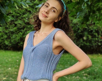 V Neck Knit Top, Hand Knit Blue Top, Tank Top For Women, Summer Open back Top