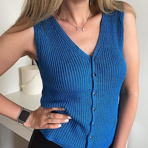 Knit Tank Top With Buttons, Relaxed Fit Blouse, Handknit Womens Top, Minimalist Silk Summer Top, Sleeveless V-neck Top