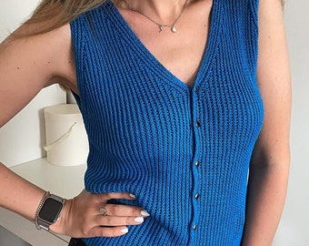 Knit Tank Top With Buttons, Relaxed Fit Blouse, Handknit Womens Top, Minimalist Silk Summer Top, Sleeveless V-neck Top