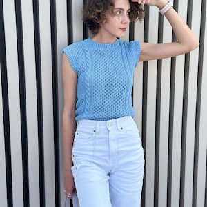 Ready to ship , Knit Tank Top, Blue Tank Top, Handknit Womens Top, Minimalist Sleeveless Top, Trendy Linen Top, Knitted Lace T-Shirt