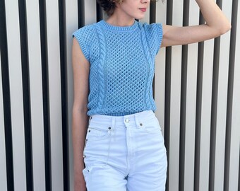 Listo para enviar, Camiseta sin mangas de punto, Camiseta sin mangas azul, Camiseta de mujer tejida a mano, Camiseta minimalista sin mangas, Camiseta de lino de moda, Camiseta de encaje de punto