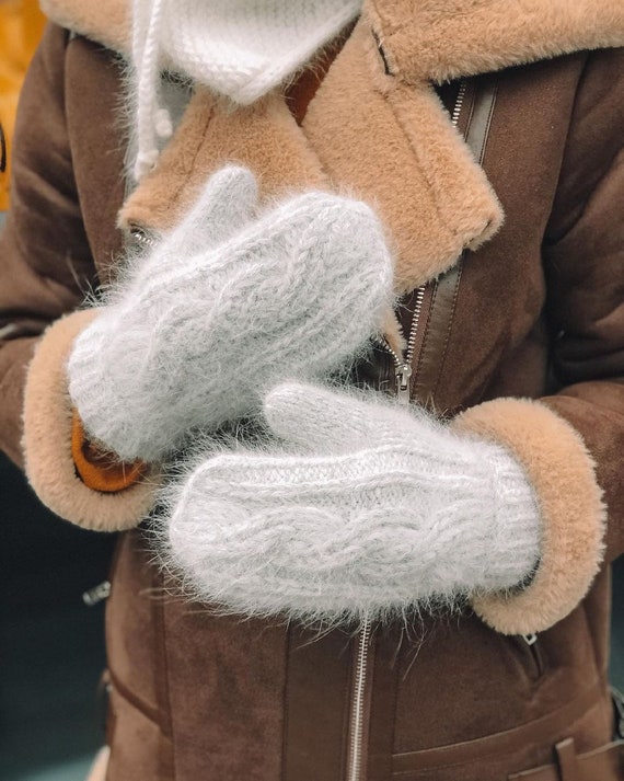 Women's Knit Mittens, Grey Fluffy Mittens, Warm Winter Mittens, Hand Knit Mittens, Elegant Winter Gloves, Soft Angora Wool Mittens