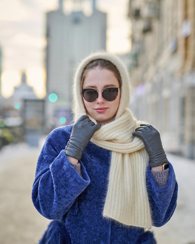 Knitted hood, Chunky cowl scarf , Angora wool hat and scarf, Wool balaclava hat , Fluffy cowl hood , Hand Knit Hooded scarf image 9