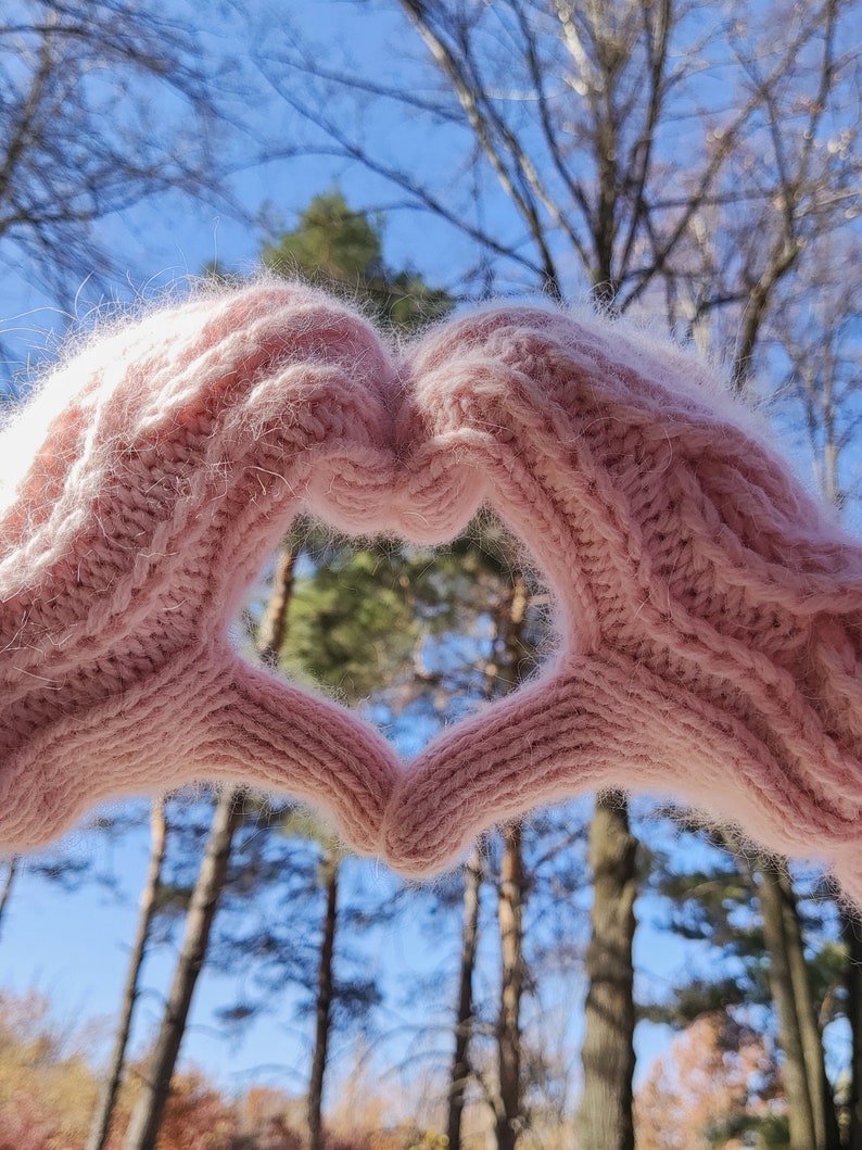 Pu&ograve; includere: Un paio di guanti di lana rosa che formano una forma di cuore sullo sfondo di un cielo blu e alberi.
