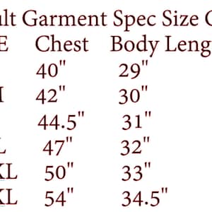 May include: Adult garment size chart with measurements in inches for chest and body length. Sizes include AS, AM, AL, AXL, A2XL, and A3XL.