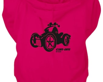 May include: Pink hooded sweatshirt featuring a black silhouette of a Can-Am Spyder motorcycle. The text "Can-Am Spyder" is printed below the motorcycle.