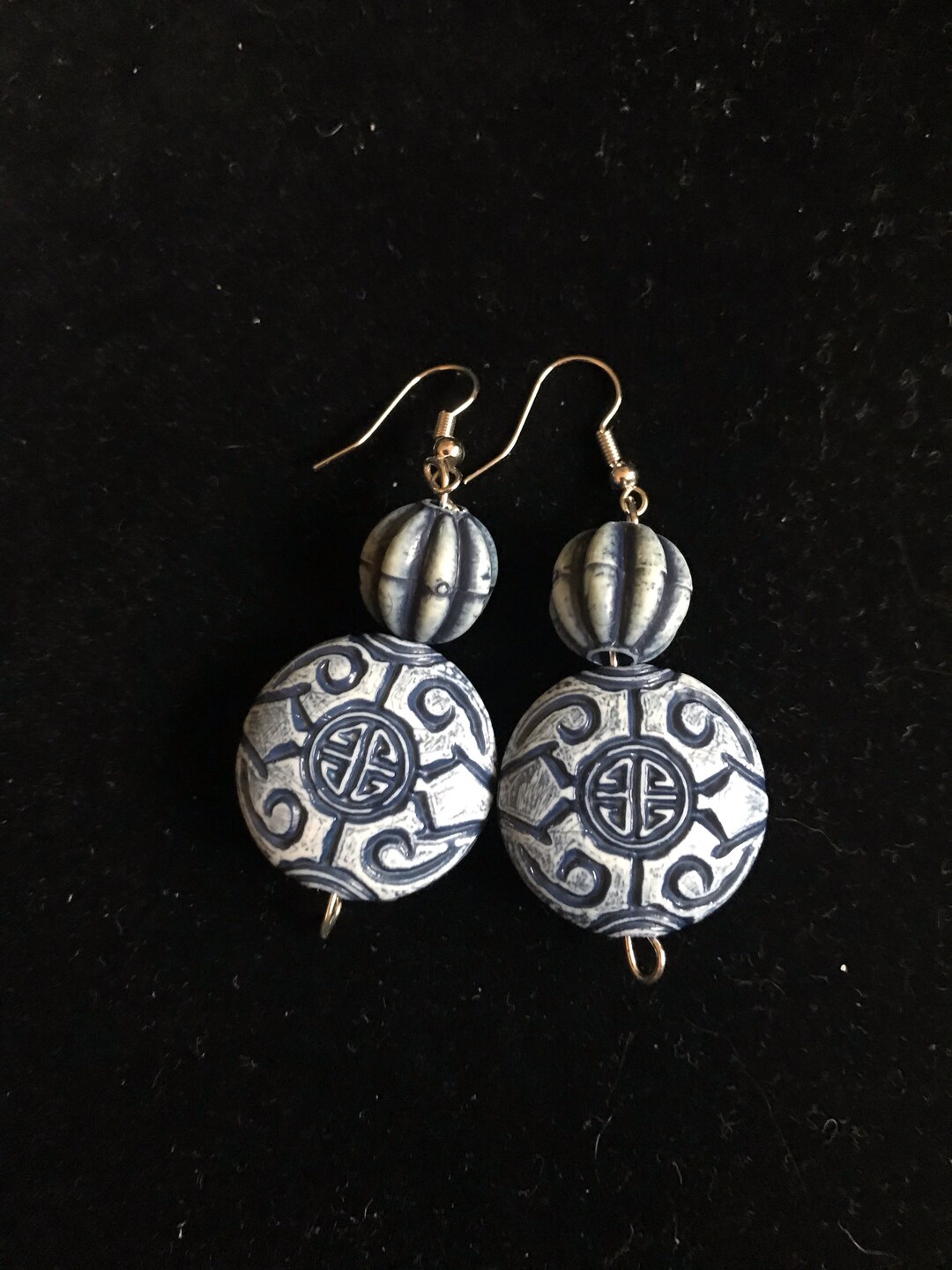 Exotic Wood Bead Blue & Dark Blue Enhanced Silver Fish Hooks Etsy