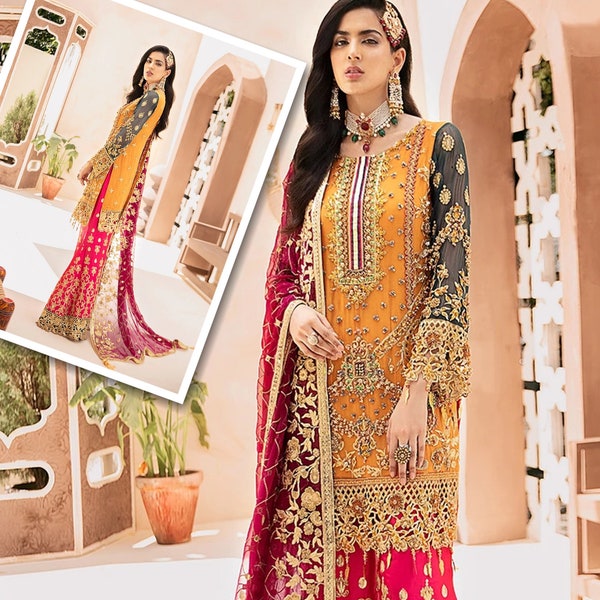 Embroidered Mehndi Sharara, Pakistani Bridal Dress, Rose Yellow Gharara