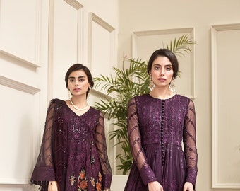 Vestido largo pakistaní morado Jazmin, shalwar kameez de red bordada