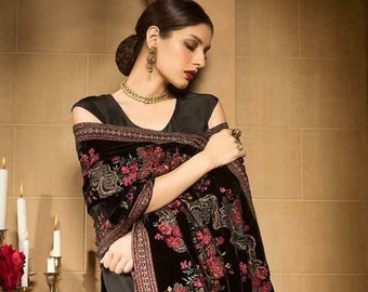 Pakistani Black Velvet Shawl, Resham Embroidery Wedding Scarf