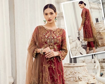 Vestido de diseñador bordado en color granate y dorado, atuendo formal pakistaní/indio para bodas, fiestas y eventos.