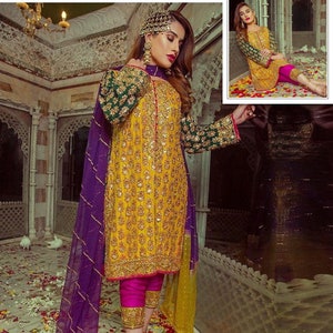 Pakistani wedding mehndi dresses, bridal dress, made to order mehendi salwar kameez suit for woman.
