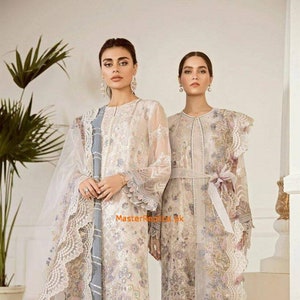 Pakistanische Partykleider, Hochzeitskleid, auf Bestellung weiße Chiffon Shalwar Kameez für Frauen.