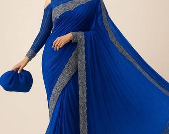 Royal Blue Embroidered Saree with Blouse, Pakistani Wedding Wear, Indian Party Wear Sari, Formal designer outfit for all occasions.