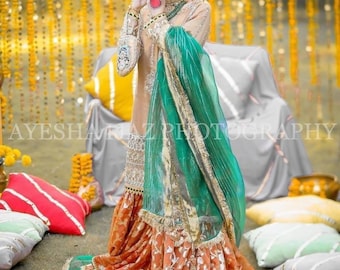 Lehenga de mariée brodé exquis : costume gharara de mariage indien pakistanais traditionnel élégant