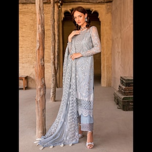 Made-to-Order Embroidered Grey Pakistani Bridal Dress: Organza Salwar Kameez