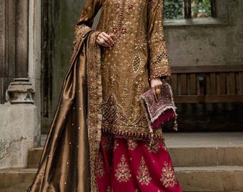 Embroidered Bridal Gharara Suit, Pakistani Wedding Mehndi Outfit, Kurta with sharara.