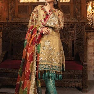 Embroidered Net Pakistani Bridal Dress: Silk Dupatta, Jamawar Trouser