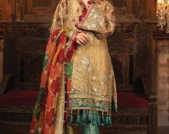 Besticktes Netz Pakistanisches Brautkleid: Seiden Dupatta, Jamawar Hose