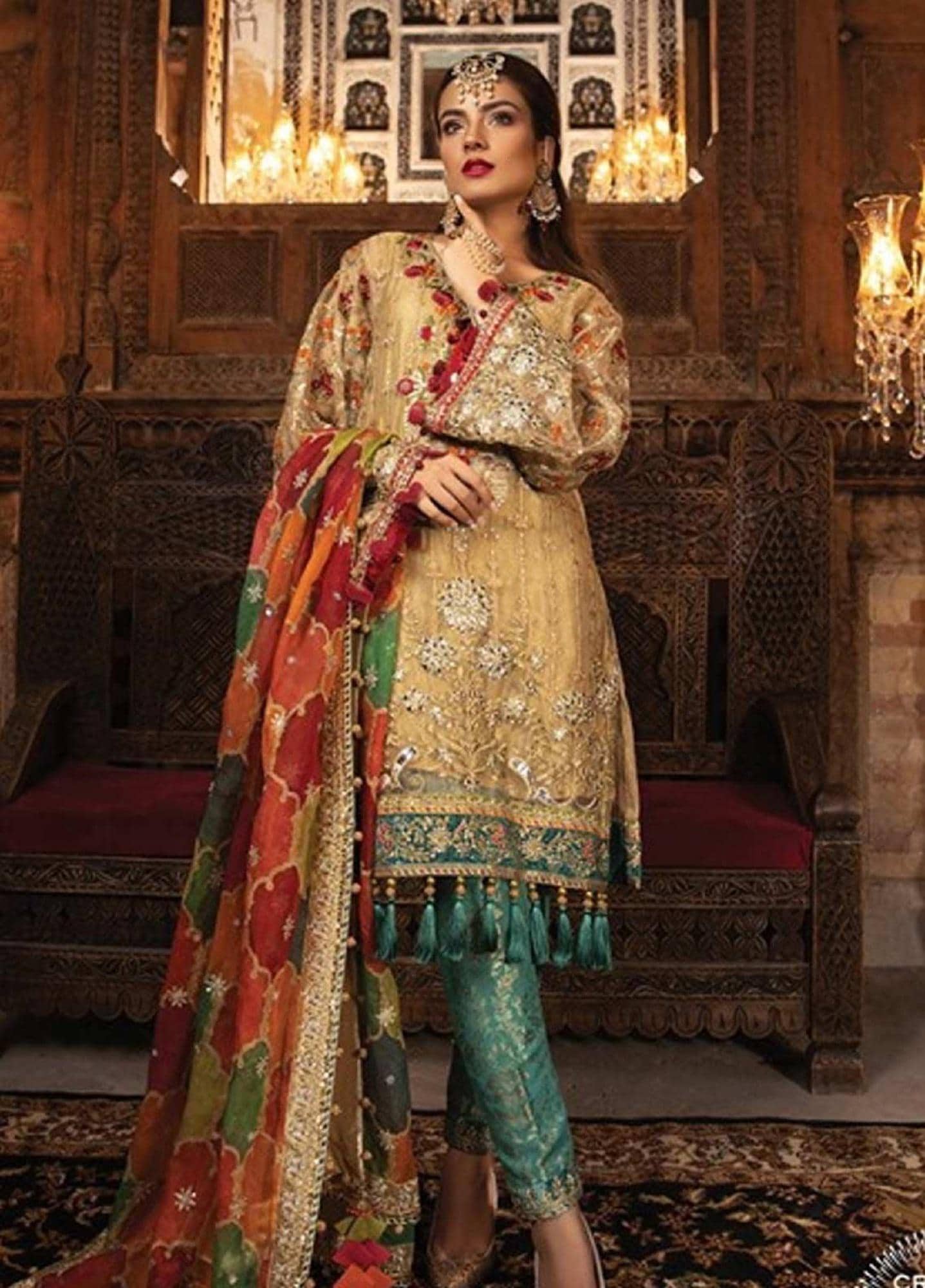 Embroidered Net Pakistani Bridal Dress: Silk Dupatta, Jamawar Trouser