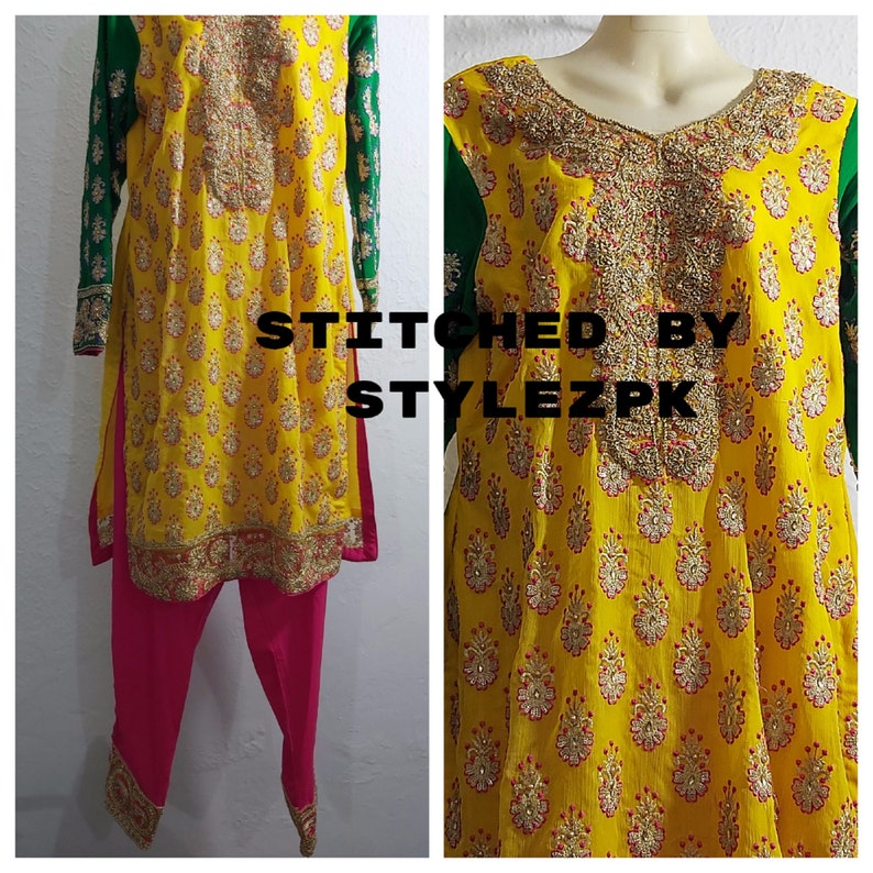May include: A yellow embroidered tunic and pink pants set with green sleeves. The tunic features intricate gold and red embroidery around the neckline and on the front. The text "STITCHED BY STYLEZPK" is visible.