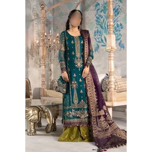 Pakistani Wedding Dress, Embroidered Chiffon Salwar Kameez, Mehndi Outfit, Indian Party Wear Suit,  Long kurta with Olive silk Gharara.