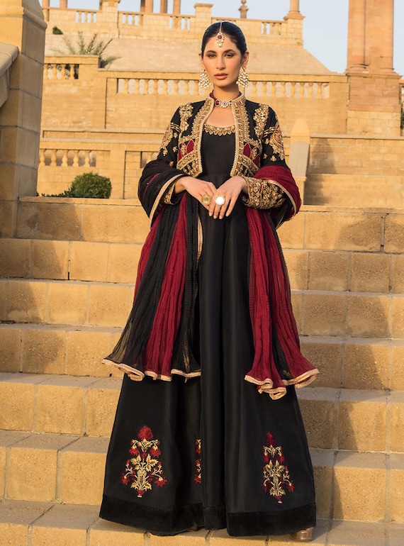 Embroidered Silk Maxi Dress: Indian Pakistani Bridal Gown, Plus Size Embroidered Silk Maxi Dress: Indian Pakistani Bridal Gown, Plus Size