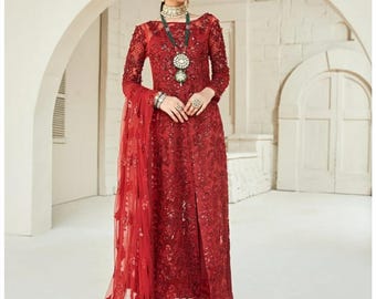 Shalwar Kameez de red bordada: vestido de novia pakistaní rojo rubí