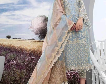 Salwar Kameez nupcial azul cielo bordado: vestido de novia pakistaní