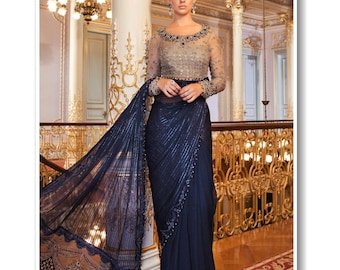 Embroidered Chiffon Saree: Ink Blue & Coffee Pakistani Indian Festival dress