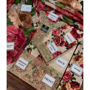 Puede incluir: Un conjunto de tela bordada beige y floral con un dupatta a juego. El conjunto incluye piezas etiquetadas como "Front", "Back", "Sleeves" y "Trouser". La tela presenta un estampado de rosas.