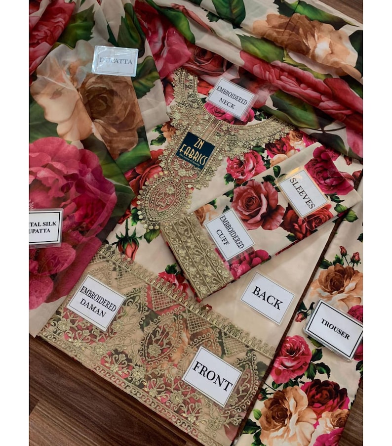 Puede incluir: Un conjunto de tela bordada beige y floral con un dupatta a juego. El conjunto incluye piezas etiquetadas como "Front", "Back", "Sleeves" y "Trouser". La tela presenta un estampado de rosas.
