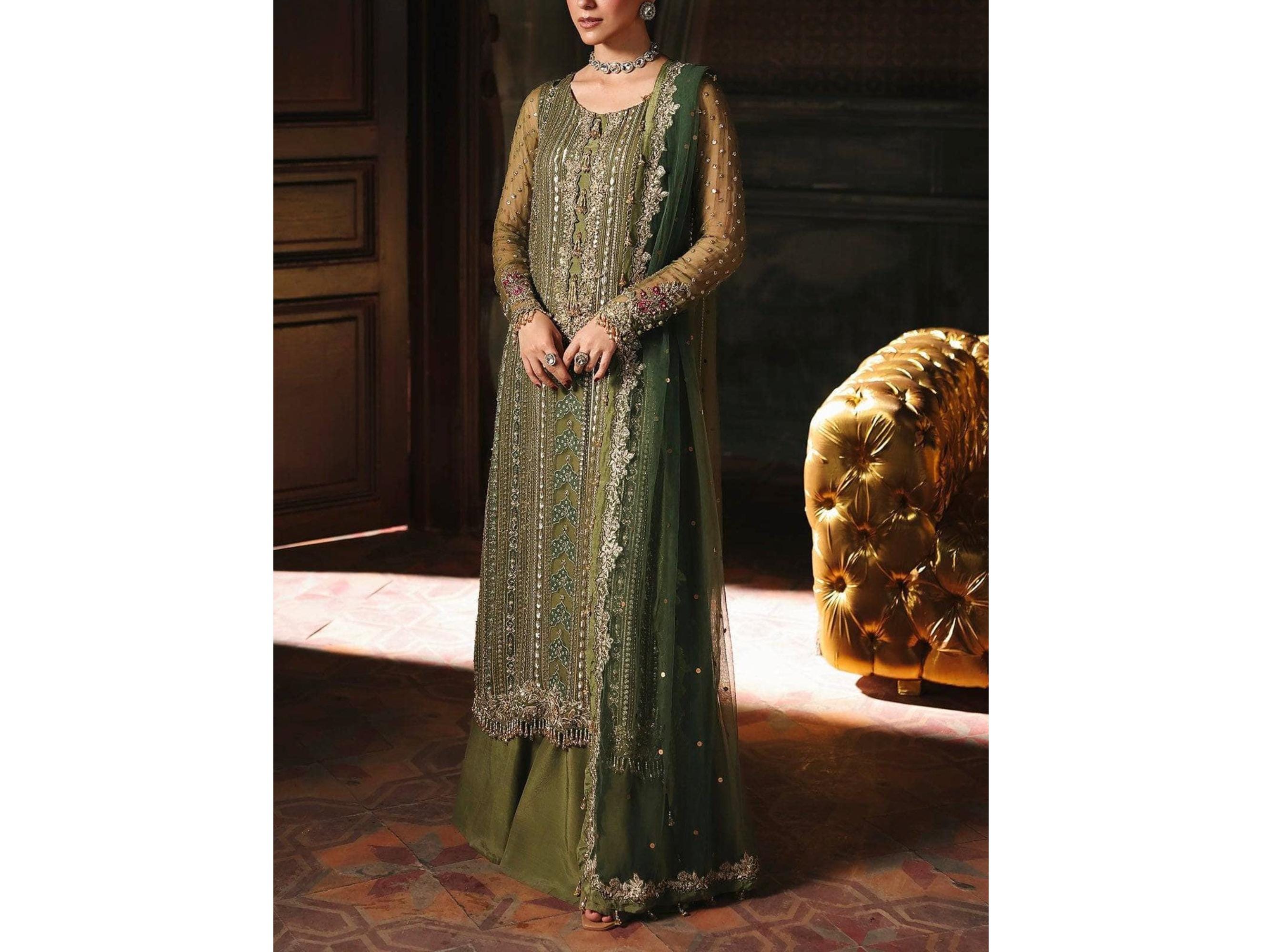 olive green indian dress Olive Green Net Mehendi Lehenga Choli For Indian & Pakistani Wedding  Festival - Sequins & Thread Embroidery Work main image 1