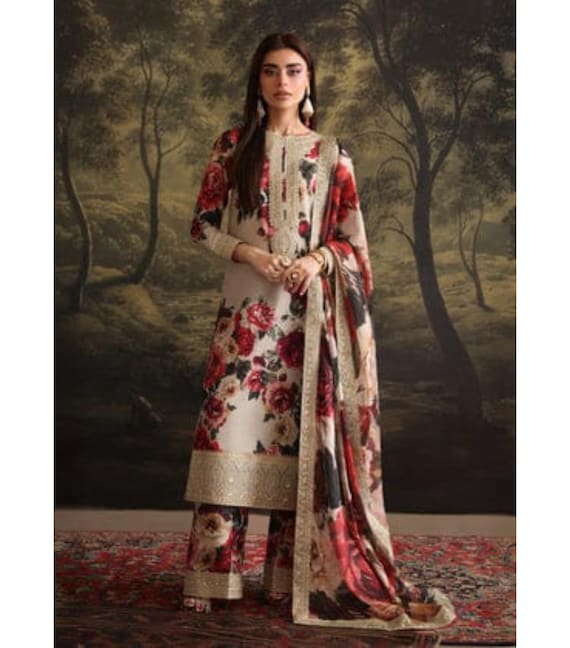 Floral Embroidered Silk Dress, Pakistani designer formal Outfit for Eid, Festive & Wedding Events.
