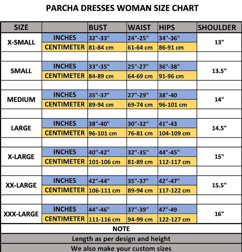 May include: A size chart for Parcha Dresses for women, displaying bust, waist, hips, and shoulder measurements in inches and centimeters. Sizes range from X-Small to XXX-Large, with measurements provided for each size.