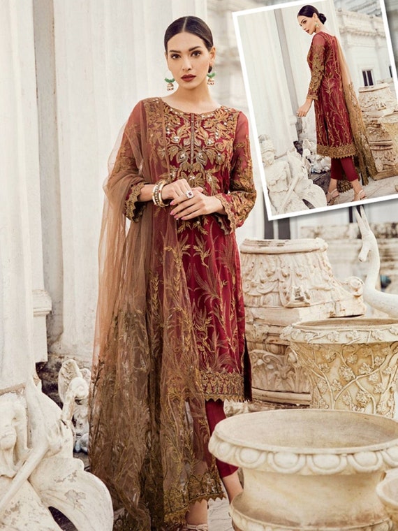 Designer Maroon and Gold Embroidered Dress, Pakistani/indian Formal Wear  for Weddings, Parties & Events. - Etsy Ireland
