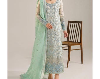 Mintgroen geborduurde Salwar Kameez, Pakistaans-Indiase formele bruiloftsoutfit