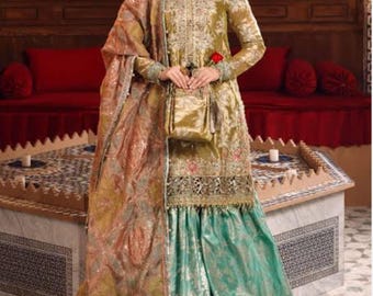 Embroidered pistachio Gharara Set with Dupatta, Traditional Pakistani Bridal Dress, Desi wedding wear