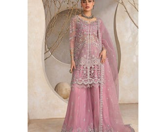 Roze geborduurde sharara-huwelijksjurk, Pakistaanse Salwar Kameez, feestoutfit voor dames