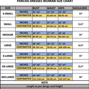 Puede incluir: Tabla de tallas de vestidos Parcha para mujer, que detalla las medidas de busto, cintura, caderas y hombros en pulgadas y cent&iacute;metros. Tallas desde X-Small hasta XXX-Large, con medidas de hombros de 13" a 16".