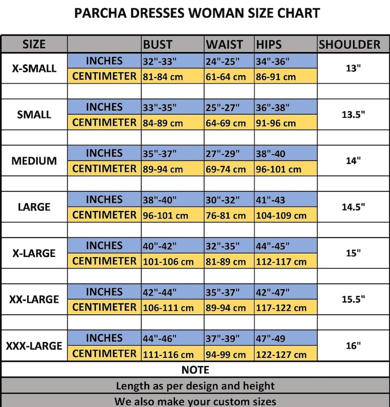 Puede incluir: Tabla de tallas de vestidos Parcha para mujer, que detalla las medidas de busto, cintura, caderas y hombros en pulgadas y cent&iacute;metros. Tallas desde X-Small hasta XXX-Large, con medidas de hombros de 13" a 16".