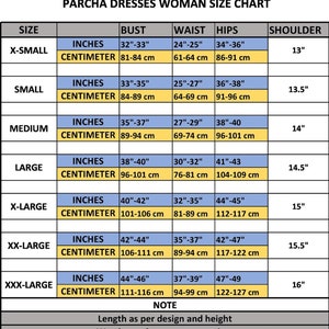 May include: A size chart for Parcha Dresses for women, displaying bust, waist, hips, and shoulder measurements in inches and centimeters. Sizes range from X-Small to XXX-Large, with measurements provided for each size.