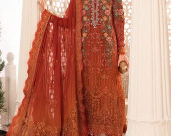 Embroidered Chiffon Salwar Kameez: Pakistani Wedding Party Dress, Festival clothes for womens
