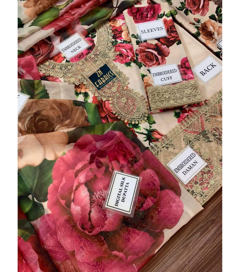 Vestido de seda con bordado floral, traje formal de diseñador pakistaní para Eid, eventos festivos y bodas. imagen 5