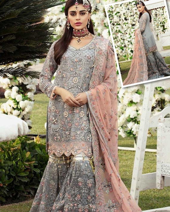 Embroidered Grey & Peach Gharara suit, Pakistani Wedding formal outfit for all occasions.