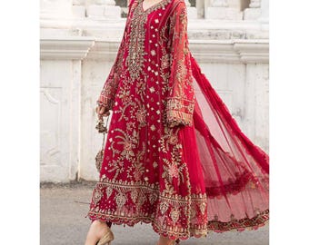 Salwar kameez de novia bordado pakistaní en rojo granate, vestido de novia Anarkali de gasa roja, traje de diseñador para fiesta india, atuendo para festival.