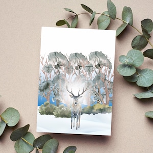4er Set Winter Hirsch Weihnachtskarten - Klassische Weihnachtskarte - Illustrierte Karte - Urlaub Hirschkarte - Hirsch Weihnachtskarte - Waldkarten