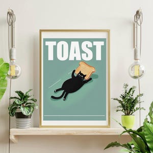 Toast Cat Print – Retro Kitchen Cat Wall Art, Funny Black Cat Poster, Toast Lover Gift, Cottagecore Baking Decor, Quirky Kitchen Art Print