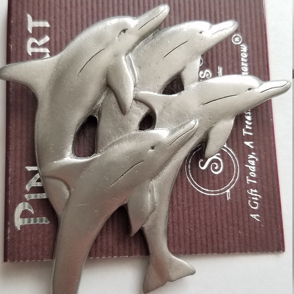 SPOONTIQUES Signed "Pin Art"~DOLPHINS in PEWTER on Original Card~Pin/Brooch~Vintage