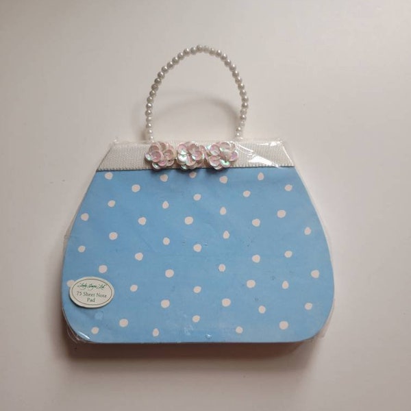 LADY JAYNE LTD~Embellished Purse-Shaped 75 Sheet Notepad~Pale Blue w/White Polka Dot~Pearl Handle & Sequined Flower Trim~Measures 3 1/2"× 5"